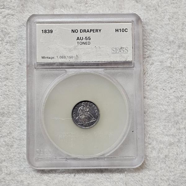 1839 Seated Liberty Half Dime (No Drapery variety), certified and graded AU-55 Toned by SEGS