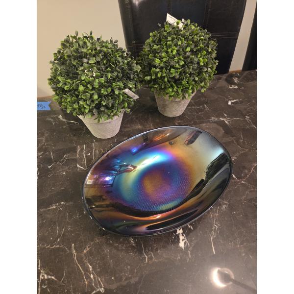 Latimer Signed Iridescent Bowl With Stand & Two Like New Faux Plants