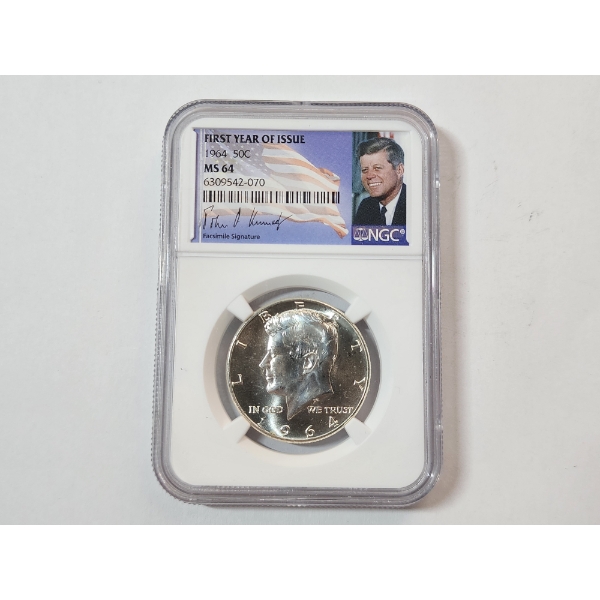 1964 Kennedy Half Dollar - 90% Silver - First Year of Issue - Graded NGC MS 64