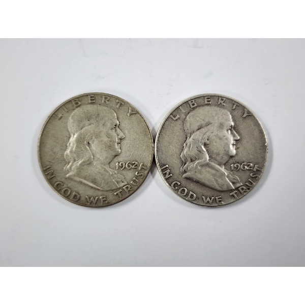 Two 90% Silver United States Franklin Half Dollars ~ Both 1962-D ~ $1.00 Face Value