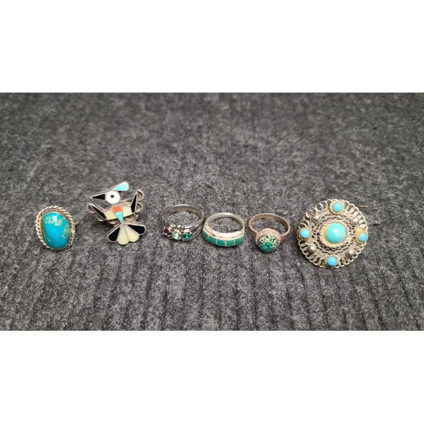 (6) Rings Including Sterling, Turquoise & Electroplated Rhodium 