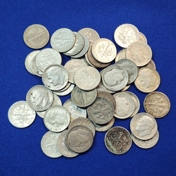 Lot of 50 Assorted Years 90% SILVER U.S. Dimes FV: $5.00