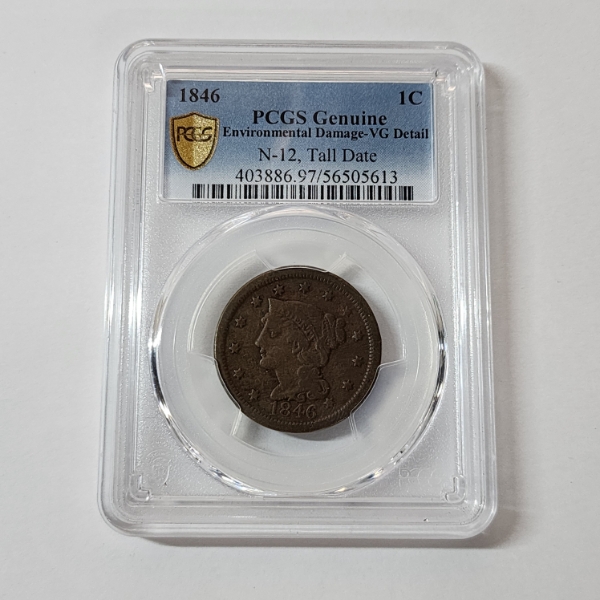 1846 Large Cent N-12 Tall Date PCGS Genuine VG Details - Early U.S. Copper Coin