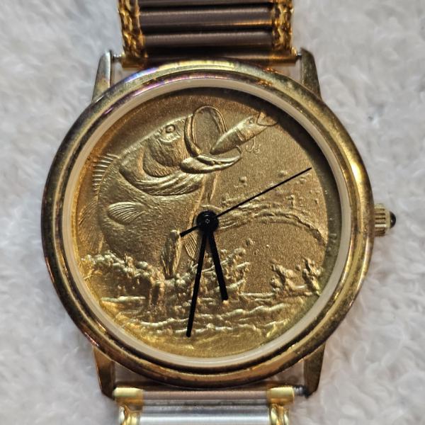 Bon Ton Bass Gold Tone Watch with Damaged Stainless Steel Band and Velvet Pouch