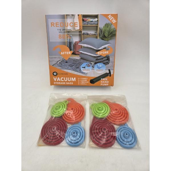 New! 2 Sets Of Four Plastic Collapsible Funnels, & Set Of 12 Vacuum Seal Bags