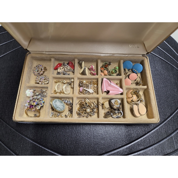 Vintage Velvet Look Jewelry Case With Beautiful Collection Of Costume Pieces Including Earrings, Pin