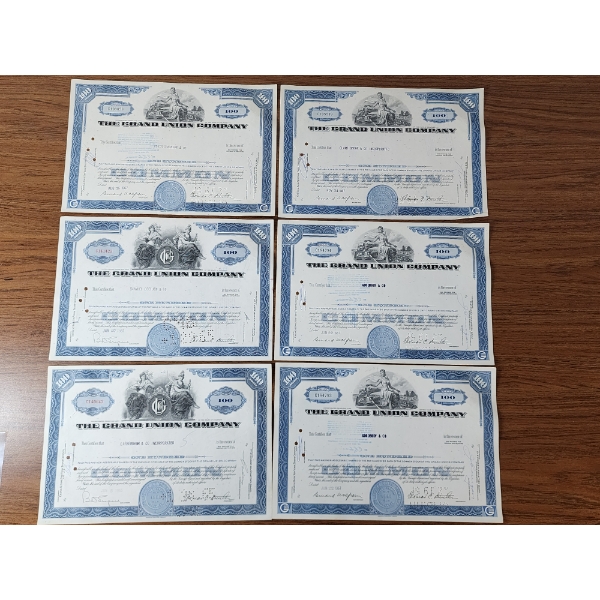 Lot of (6) The Grand Union Company Stock Certificates - Stamped 1965 & 1967