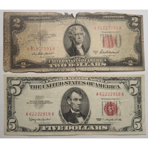 United States Series 1963 $5 Red Seal Bank Note & 1953 A $2 Red Seal Bank Note - Face Value: $7.00