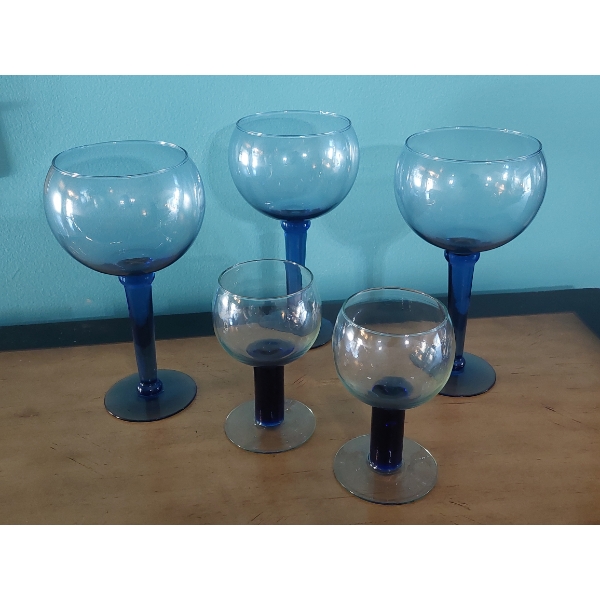 5 Pc Group Vintage Blue Tint Goblets As shown - 9" & 5 1/2"