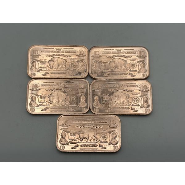 Five $10 'Bison Bank Note' 1oz .999 Copper Bars