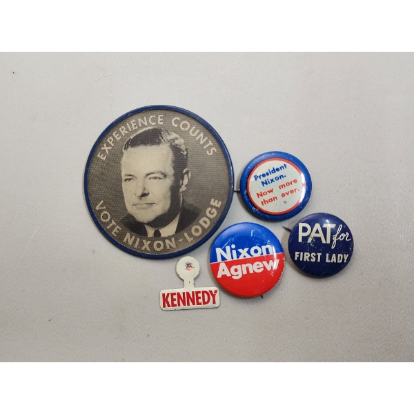 5 Presidential Political Pins/Buttons Including Kennedy, Nixon, and First Lady Pat
