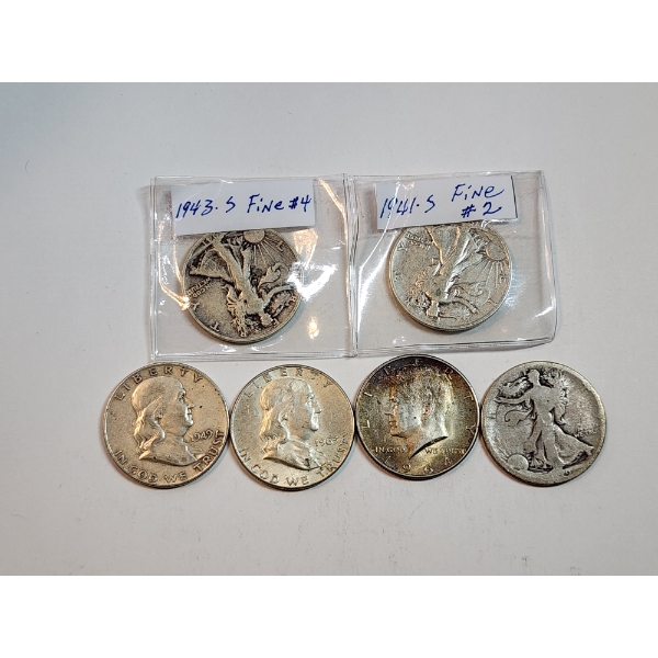 Assorted 90% Silver Half Dollar Coins:  Walking Liberty, Kennedy, Franklin 
