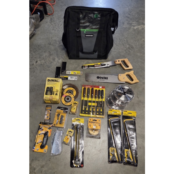 New Tool Bag- Including DeWalt Bits, Saws, Charger, Cane Bolts & More