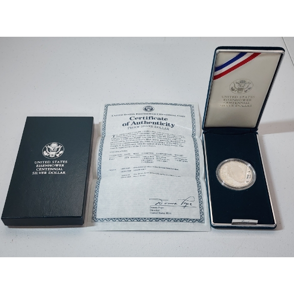 United States 1990 Eisenhower Centennial Coin Proof Silver Dollar - 90% Silver - With Box & CoA