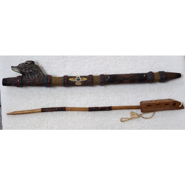 Very Nice Ceramic/Bisque Decorative Native American Peace Pipe & Hand Carved Wood Pipe