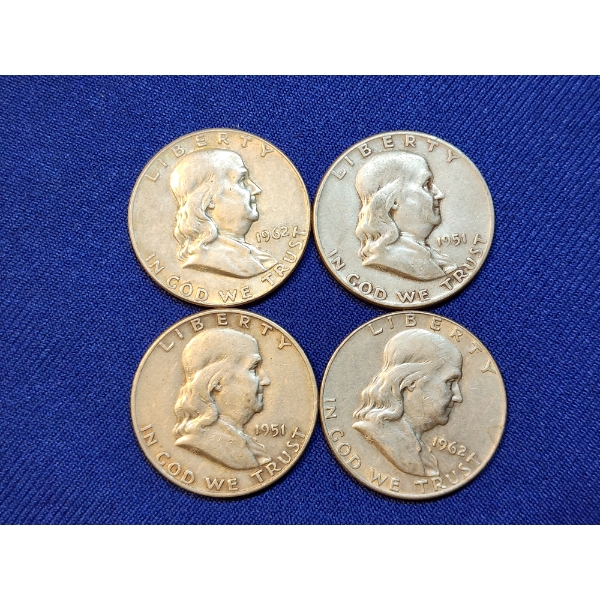 x4 Assorted Years 90% Silver Franklin Half Dollars - Face Value: $2.00