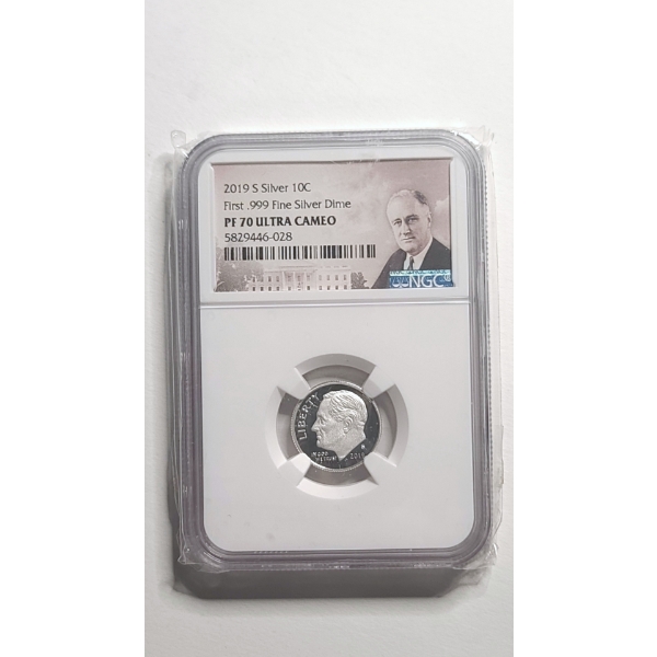 NGC 2019-S PF 70 ULTRA CAMEO First .999 Fine Silver Roosevelt Dime 