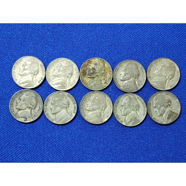 x10 Assorted Years Jefferson Wartime Nickels FV: $0.50