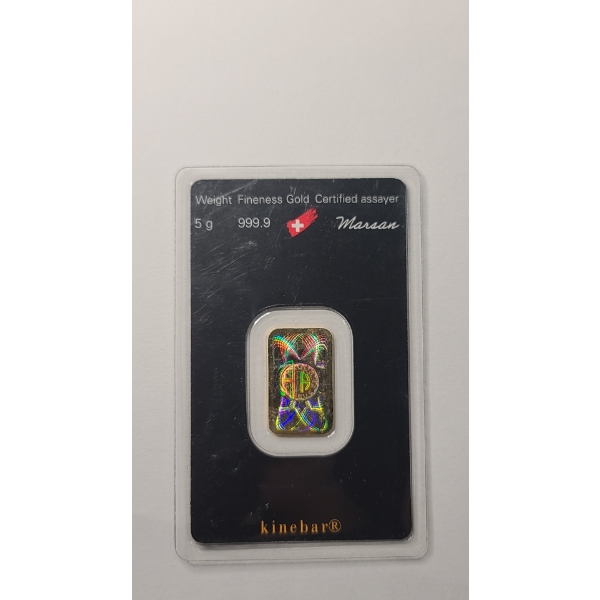 Argor-Heraeus Kinebar 5g 999.9 Fine Gold Bar Sealed In Protective Assay Presentation Card