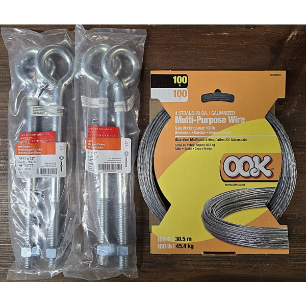 Lot of OOK 100lb, 100ft 4 Strand 20Ga. Galvanized Wire and 2 Sets of Eye Bots 5/8-11 x 12"