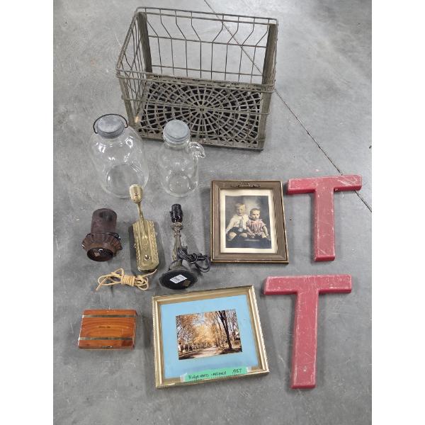 Vintage Collectables Including Alliance Ohio Framed Photo, Small Cedar Box, Plastic T's, Wire Crate 