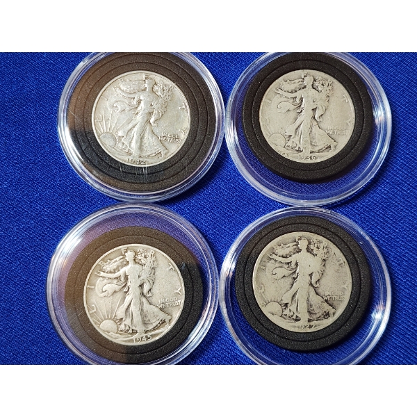 x4 Assorted Years 90% Silver Walking Liberty Half Dollars in Capsules FV: $2.00