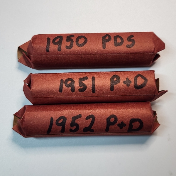 Three Rolls of U.S. Wheat Cents: 1950, 1951, 1952 - FV: ~$1.50