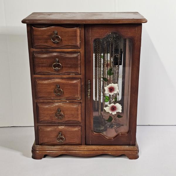 FILLED!!! Vintage Glassique By Richelieu Wood Jewelry Box Armoire With Floral Glass Door