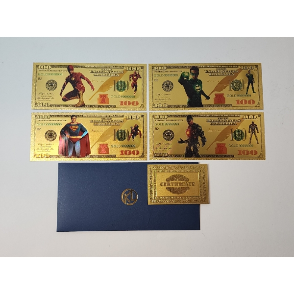 x4 Assorted DC Comics Superheroes $100 99999999 24K Gold Foil Banknotes Set w/ CoA