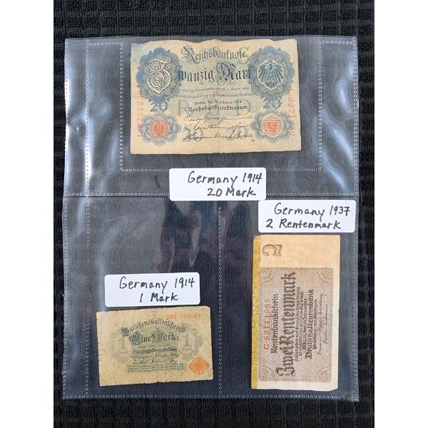 Lot of Three Assorted German Paper Currency Notes Dating Back to 1914- 1 & 20 Mark With 2 Rentenmark