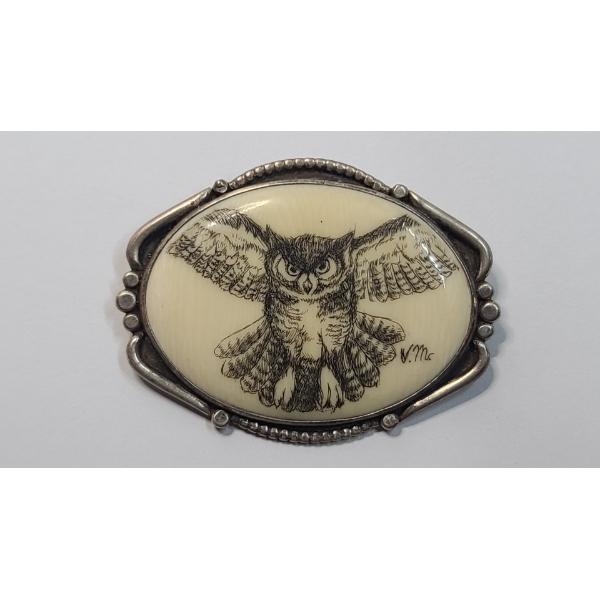 Vintage 2" Artist Signed Scrimshaw Owl Brooch With Sterling Silver Back - Weight: 17.7g