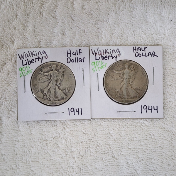 Two United States Walking Liberty 90% Silver Half Dollars: 1941 & 1944