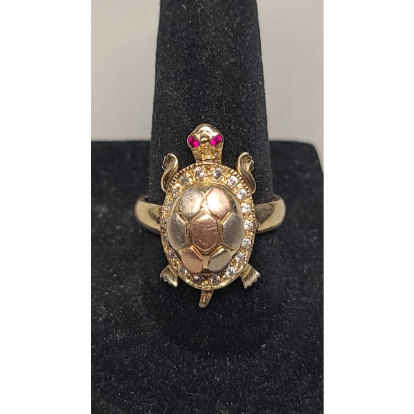 14K Gold Tri-tone Turtle Ring With Movable Head, Tail & Legs - Size 8 - Total Weight: 7.2g
