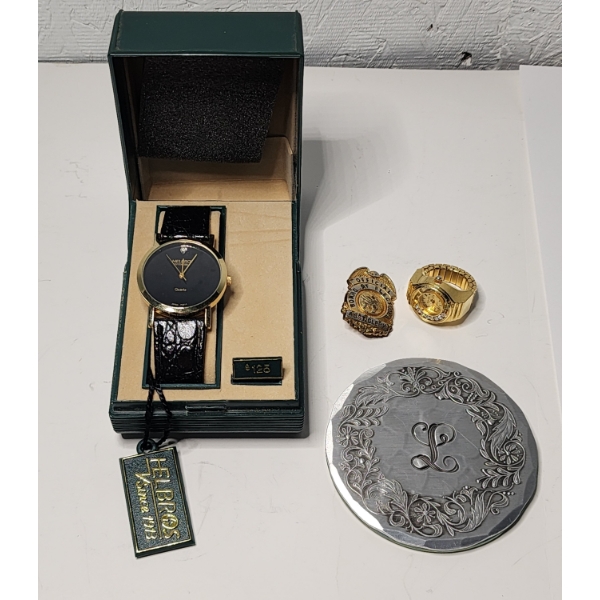 Helbros Quartz Watch, Board of Elections Pin, Watch Ring, Monogram Mirror/Tray