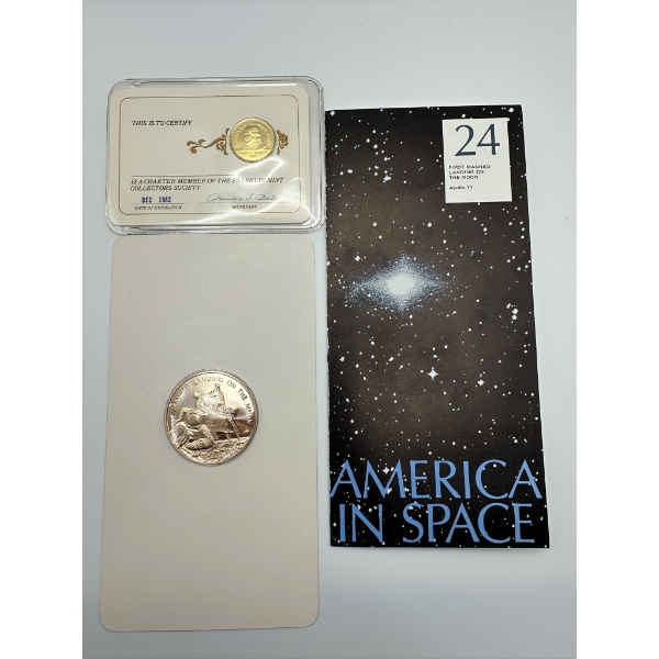 First Manned Landing On The Moon Apollo 11 Bronze Medallion Franklin Mint w/ Charter Member Coin