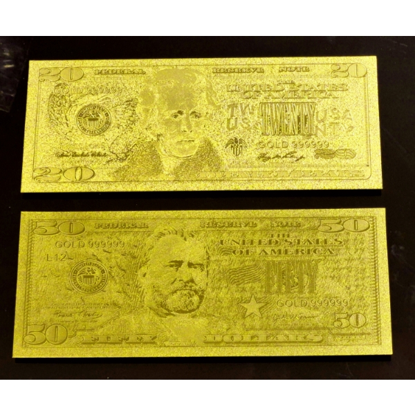 3 Pcs U S Currency Pure 24k .999 Replica Gold Foil $20 & $50 Note w .999 24k GOLD COA - Mint. 