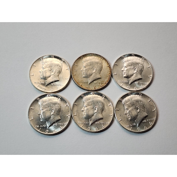 x6 1964 Kennedy Half Dollars 90% Silver Face Value $3.00