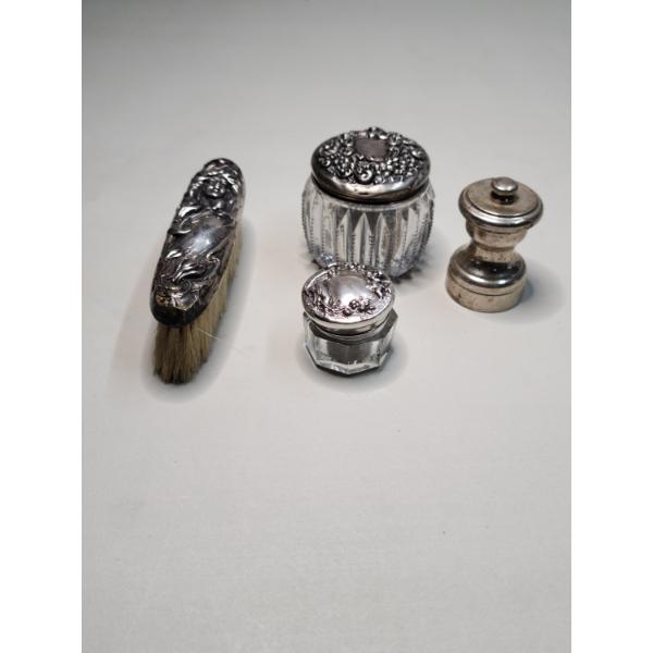Vintage Sterling Silver Top Brush, Sterling Top Glass Cosmetic Containers & Sterling Pepper Grinder