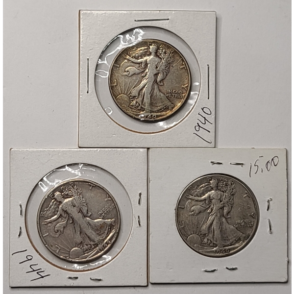 1940, 1944-S, 1946 90% Silver Walking Liberty Half Dollars - Face Value: $1.50