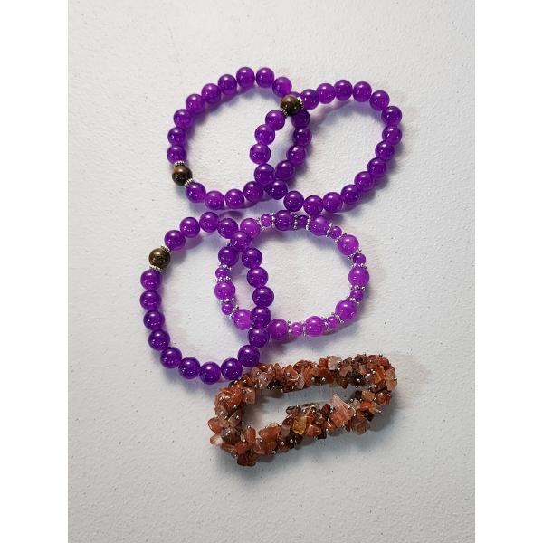 Lot of 5 Fashion Bracelets: x4 Purple Beaded, and x1 Red/Orange Cluster