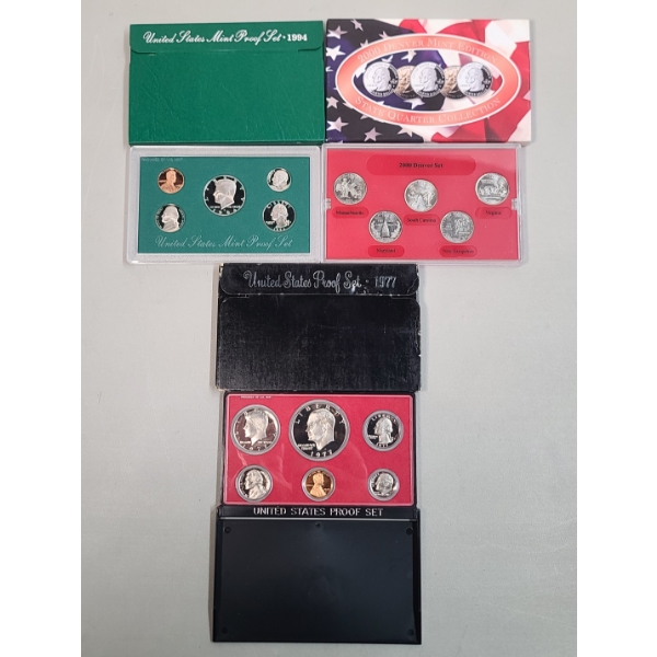 1977, 1994 United States Mint Proof Coin Sets & 2000 Denver Mint Edition State Quarter Coin Set