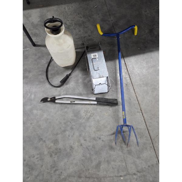 Home Items Including 17'' Metal Trap, Garden Claw Tool, Trimmer, & Household Sprayer 