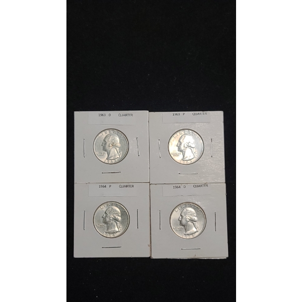 1963-D, 1963-S, 1964-P & 1964-D 90% Silver Washington Quarters - Face Value: $1.00