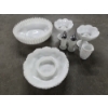 Image 4 : Glass Collectables Including Fenton Milk Glass Ruffle Bowl, Fruit Bowls, Milk Glass Salt & Pepper