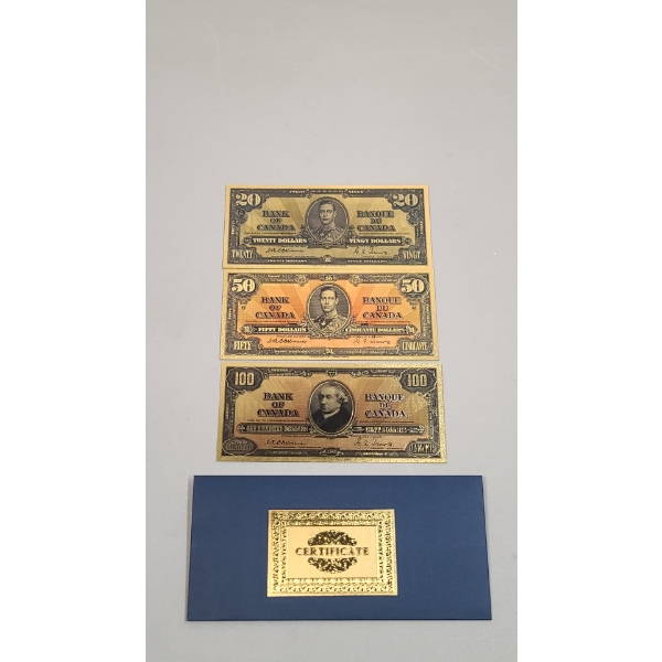 (3) "Bank Of Canada" 24K Gold Foil Novelty Banknotes Set w/ COA