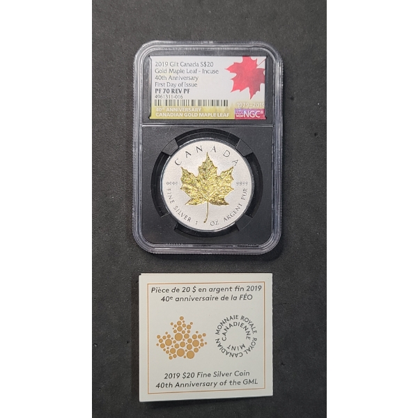 2019 NGC Canadian 4Oth Anniversary PF 70 REV PF GILT Incuse $20 1 oz 9999 Silver Maple Leaf