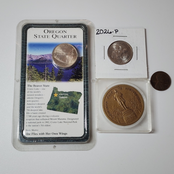 Assorted U.S. Coins/Tokens: 1920 Wheat Penny, 2026 Quarter, Oregon Quarter, Cleveland OH Token 