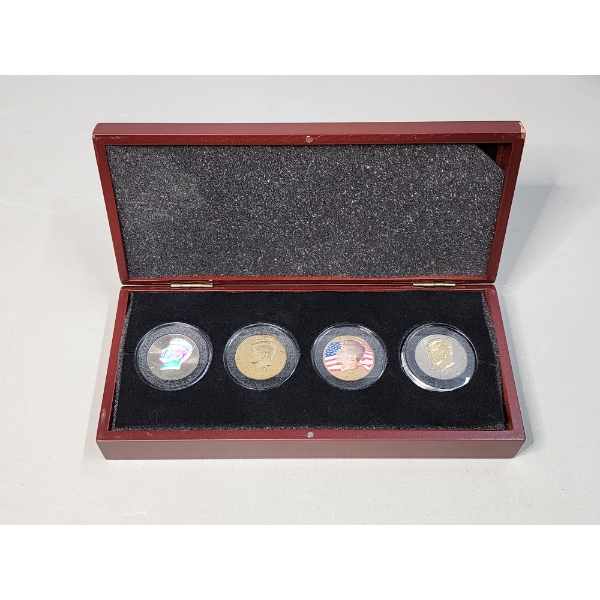 Kennedy Half Dollar 4-Coin Collection ft. Holo, Gold-Plated, Colorized In Wooden Display