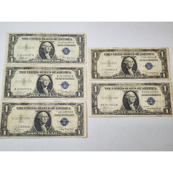 Lot of FIVE U.S. 1935-A Blue Seal Silver Certificates