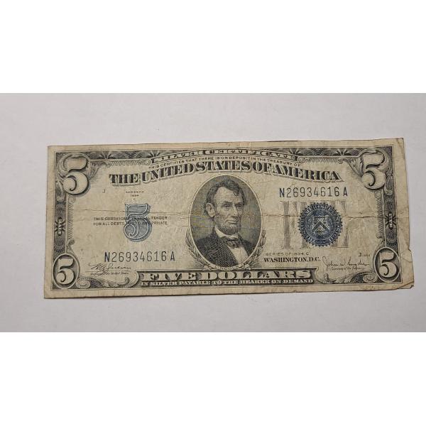 Series 1934 C $5 Silver Certificate With Julian & Snyder Signatures - Face Value $5.00